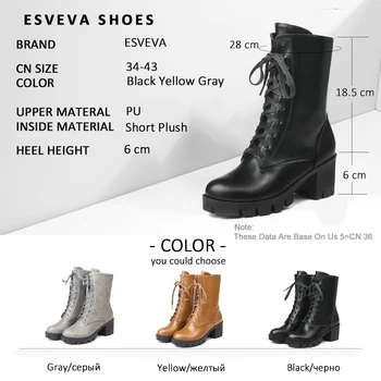 ESVEVA 2020 Femeie Cizme Platforma Cizme de Iarna Pătrat Tocuri inalte Pantofi Femei PU Stil Occidental Glezna Cizme Pantofi Rotund-Deget de la picior 34-43