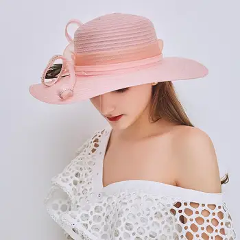 2018 lux Negru Mare Margine Largă Lenjerie de Fedora Vintage Florale cu pene Elegante, Pălării de Vară Pentru Femei Biserică Kentucky Derby Pălării
