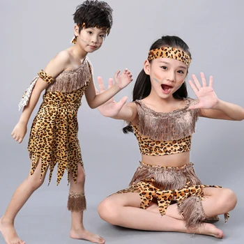 Copil Fată Halloween Sălbatic Costume Pentru Băiat Sălbatic Indian Fata Leopard Performanță Etapă Recuzită Copil Hunter Flintstones Primitive