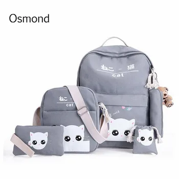 Osmond 5 Buc/set Femeile Rucsaci Pisica Drăguț ghiozdane Pentru Fete Adolescente Imprimare Panza Rucsaci Doamnelor Genți de Umăr Mochila