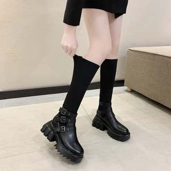 Super Toc Înalt Cizme cu Platforma pentru Femei 2020 Toamna Iarna la Mijlocul Gambei Genunchi Boot Tesatura Stretch Pantofi Ciorap Gros de Pene de Pantofi Femei
