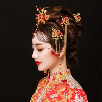 HIMSTORY de Culoare de Aur Stil Chinezesc Nunta Vintage de Păr Bijuterii Accesorii Red Pearl Margele Haircomb Hairstick Accesorii