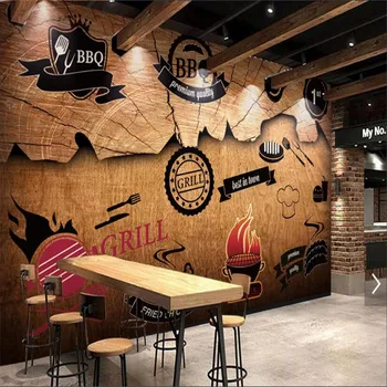 Retro Stil Industrial Grătar, Restaurant Decor Lemn Scândură de Fundal de Hârtie de Perete 3D Food Court Snack Bar Murale 3D Tapet