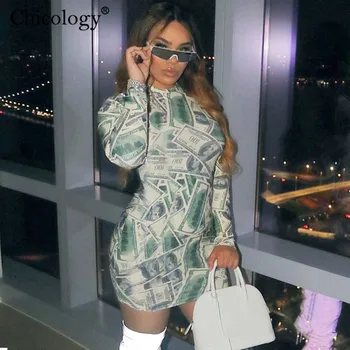 Chicology Dolar Imprimare Y2K Moda Rochie Mini cu Maneca Lunga Bodycon Sexy Club Haine Femei 2020 Toamna Iarna Haine de Epocă Partid
