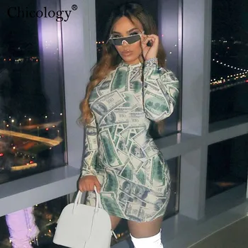 Chicology Dolar Imprimare Y2K Moda Rochie Mini cu Maneca Lunga Bodycon Sexy Club Haine Femei 2020 Toamna Iarna Haine de Epocă Partid