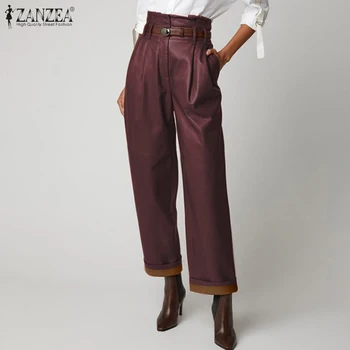 2021 Moda din Piele PU Pantaloni ZANZEA Elegant OL Lucra Timp de Pantalons Femei Solide de Înaltă Talie Pantaloni Largi Picior de sex Feminin Streetwear