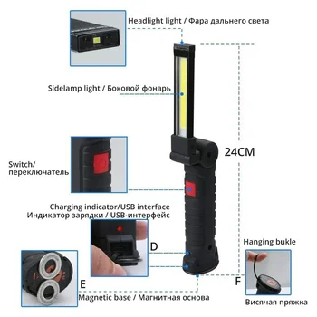 USB Reîncărcabilă LED COB Munca Lanterna Lumina de Control Lumina 5 Moduri de Coada Magnet Design Agățat Lampa Lanterna rezistent la apa