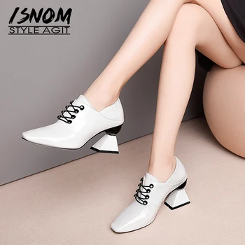 ISNOM de Brevete din Piele Femei Pompe de Deget de la picior Pătrat Legați în Cruce Pantofi Neobișnuite Tocuri inalte Ciudat Doamnelor Moda Catâri Pantofi de Femeie 2020