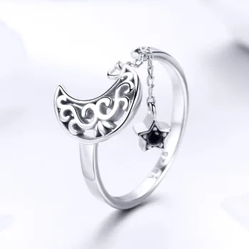 Sterling de argint s925 Hollow moon star inel de deschidere inel reglabil Pentagramă neagră zirconiu cubic petrecere de nunta bijuterii de mana Nou