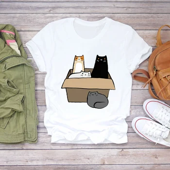 Femeile Pisica desen Animat de Imprimare Maneci Scurte Amuzante Haine de Moda de Vara Tricou tricouri Top T Grafic Femei Femei Femei Tricou T-Shirt
