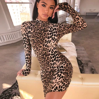 Doamnelor Rochie Cu Maneci Lungi Imprimeu De Leopard Sexy Bodycon Rochie Mini 2020 Toamna-Iarna Moda De Craciun Rochie De Petrecere