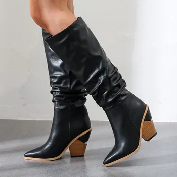 Meotina De Iarnă Cizme Pentru Femei Plisată Ciudat Stil Toc Înalt Cizme Lungi De Moda A Subliniat Toe Pantofi Doamna Toamna Dimensiune 34-43