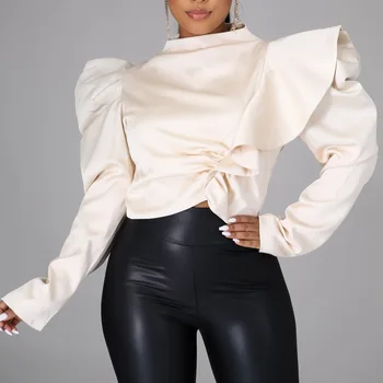 Chic Volane Tricou Femei Top Scurt Casual 2021 Primăvară Mâneci Lungi Bluza Stand Culoare Solidă Gât Camasi Moda Spate Cu Fermoar