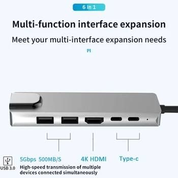 6 in 1 Multifunctional de Tip C la 4K HDMI, RJ45, USB 3.0 TF PD Încărcător Hub Adaptor pentru Macbook Android