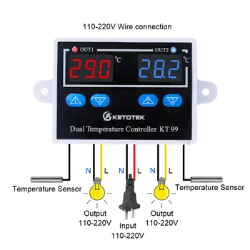 KT99 Dual Termostat Digital Termometru Controler de Temperatura -50~120°C Răcire Încălzire 12V, 24V, 110V 220V