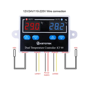 KT99 Dual Termostat Digital Termometru Controler de Temperatura -50~120°C Răcire Încălzire 12V, 24V, 110V 220V