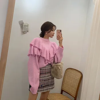 LLZACOOSH coreean Chic Roz Pulover Tricotate Jumper Moda Toamna Iarna Volane Felinar cu Maneci Supradimensionate Liber Pulover Cald Topuri