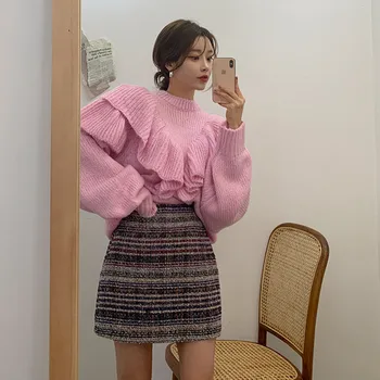 LLZACOOSH coreean Chic Roz Pulover Tricotate Jumper Moda Toamna Iarna Volane Felinar cu Maneci Supradimensionate Liber Pulover Cald Topuri