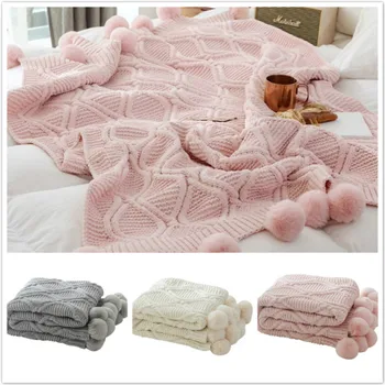 Nodic Chenille Pătură cu Blană Minge Canapea Arunca Pătură Bej Roz Decorative Pături Cadou