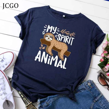 JCGO Femei tricou de Vara cu Maneci Scurte din Bumbac Plus Dimensiune S-5XL Drăguț Leneș Leneș Animal Print Casual O de Gât de sex Feminin Tricou Tricouri Topuri