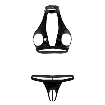 TiaoBug Femei Lenjerie Sexy Bikini Set de Două piese din Piele Faux Negru Sutien Topuri cu G-string Tanga Lenjerie de corp Fără costum de Baie