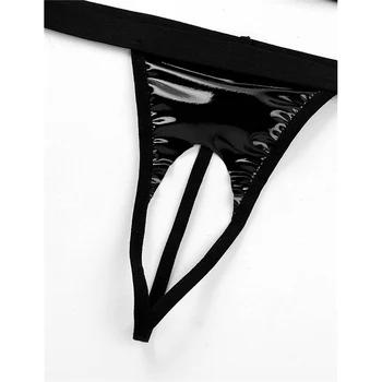 TiaoBug Femei Lenjerie Sexy Bikini Set de Două piese din Piele Faux Negru Sutien Topuri cu G-string Tanga Lenjerie de corp Fără costum de Baie