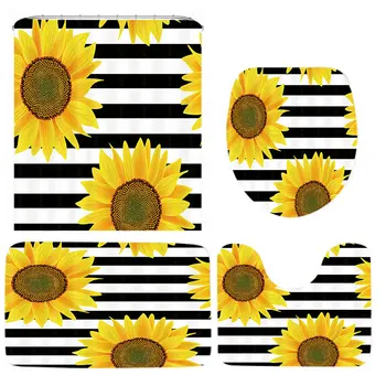 Elegant Negru cu Dungi Albe de Floarea-soarelui Perdea de Duș și Covor Set de Floarea-soarelui Baie, Perdele de Baie Mat Covor de Toaletă Decor