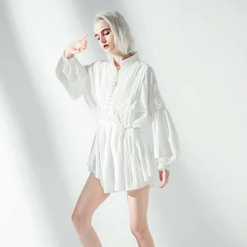 [MEM]2021 Nou Primavara-Vara Stand Guler Mânecă Lungă Lanternă Alb Vrac Catarama Dimensiuni Mari Bandaj Rochie Camasa Femei de Moda JO370