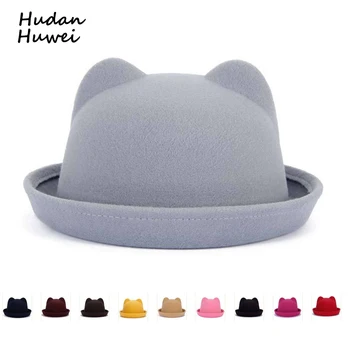 Moda Părinte-copil pălărie lână simțit pălării Fedora pentru Femei, Fete, Copii solid Pisică Ureche formale capac trilby Sombrero Derby