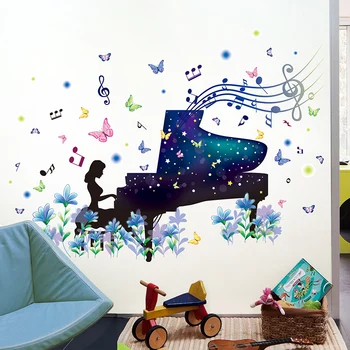 [SHIJUEHEZI] Fată de Desene animate Autocolante de Perete DIY Pian Papillon Murală Decalcomanii pentru Clasa Muzica de Copii Dormitor Camera de zi de Decorare
