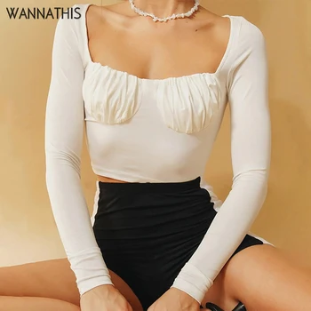 WannaThis Slash-Neck Maneca Lunga T-Shirt Femei Subțire Elastic Față Ruched Trunchiate Tricouri Fashion Casual De Primavara Noua Culoare Solidă