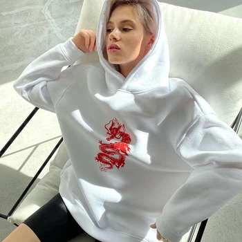 Darlingaga Streetwear Dragon Print Supradimensionat Hoodies Femei Casual Pierde Timp Pulover Stil Chinezesc Toamna Iarna Hanorac Haine