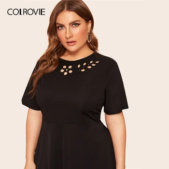 COLROVIE Plus Dimensiune Negru Solid cu Laser Tăiat în formă și Flare Rochie Eleganta pentru Femei 2019 Vară O Linie Birou Doamnelor Elegante Rochii
