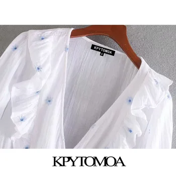 KPYTOMOA Femei 2020 Dulce Moda Broderii Florale Ciufulit Bluze Vintage V-Neck Maneca Scurta Femei Tricouri Blusas Topuri Chic