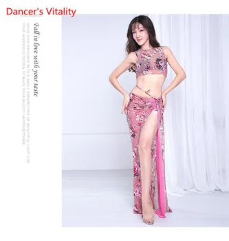 Femei Belly Dance Costum Sexy Ochiurilor Fusta Lunga Rochie de Dans Oriental Concurenței Set Top+Fusta 2 buc Adult Roz