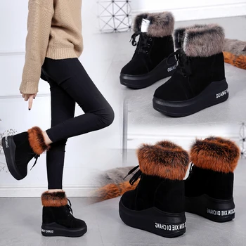 Iarna Platforma Cizme de Zapada Pentru Femei Cizme Glezna Pluș Cald Zăpadă Botine Femei Indesata Faux Blana Pantofi de Înaltă Pătrat Tocuri de 11cm
