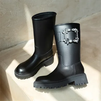 MILI-MIYA Design de Brand Slip-On de Cristal Femei la Jumătatea Vițel Cizme din Piele de Vacă Rotund Deget de la picior Toc Patrat Solid de Culoare Moda Pantofi Handmade