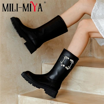 MILI-MIYA Design de Brand Slip-On de Cristal Femei la Jumătatea Vițel Cizme din Piele de Vacă Rotund Deget de la picior Toc Patrat Solid de Culoare Moda Pantofi Handmade