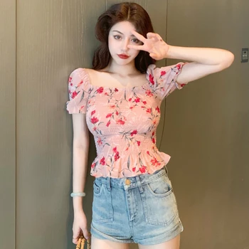 Bluze Femei Summer Square Neck Șifon Florale Imprimare Pulover Puff Sleeve Slim Skinny Feminin Chic All-meci Elegant Nou