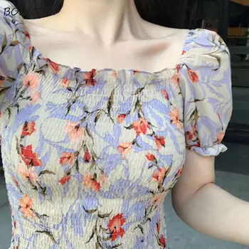 Bluze Femei Summer Square Neck Șifon Florale Imprimare Pulover Puff Sleeve Slim Skinny Feminin Chic All-meci Elegant Nou