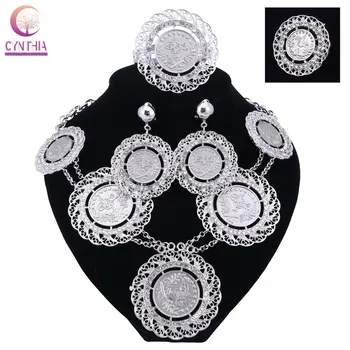 Italiană Dubai Abaya Lung Seturi de Bijuterii placat cu argint Monede Femei de Aur din Africa de Cristal de culoare Costum de Nunta Colier Cercei Set