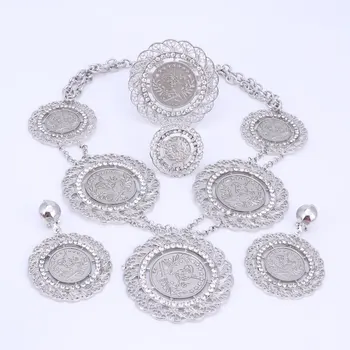 Italiană Dubai Abaya Lung Seturi de Bijuterii placat cu argint Monede Femei de Aur din Africa de Cristal de culoare Costum de Nunta Colier Cercei Set