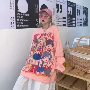 Roz cu Maneci Lungi Anime T Shirt pentru Femei Fata Kawaii Harajuku Tricou Ulzzang coreean Haine Anime Sailor Moon Sailormoon
