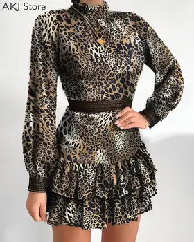 Femei Cu Maneci Lungi Zburli Leopard Rochie De Petrecere Vestidos