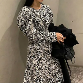 Gagaok Femeie Rochie Eleganta 2020 Primăvară Autumne Nouă Epocă Manșon De Puf O-Gât De Imprimare Midi Rochii Chic De Moda Sălbatic Vestidos