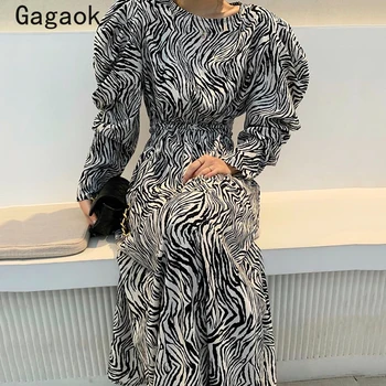Gagaok Femeie Rochie Eleganta 2020 Primăvară Autumne Nouă Epocă Manșon De Puf O-Gât De Imprimare Midi Rochii Chic De Moda Sălbatic Vestidos