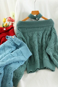Stil leneș Toamna și Iarna Nou pulover Pulover Slim de Slabit Strapless Scurt poftă de mâncare Culoare Solidă Halterneck Top Tricotate Femei