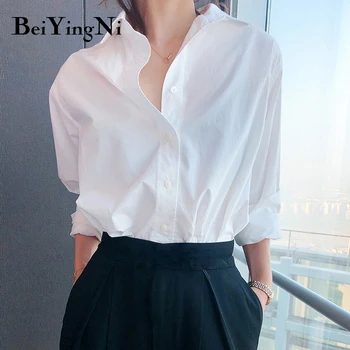 Beiyingni Vintage Din Bumbac Tricouri Femei Simplu Casual Pierde Coreean Maneca Lunga Bluze Femei Plus Dimensiune Harajuku Chic Elegante, Topuri