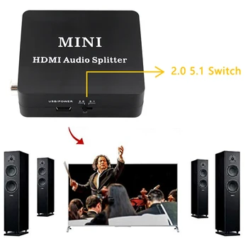 HDMI Splitter Audio cu jack de 3,5 mm SPDIF COAXIAL out Amplificator cu Decodor 2CH/5.1 CH Audio Extractor Mini Converter pentru PC, PS4