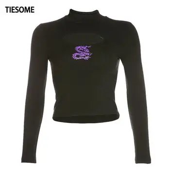 TIESOME Purple Dragon Print pentru Femei T-shirt Gol Maneca Lunga de Sus Toamnă Nou O-Gât Topuri Tricouri Femei High Street Sus